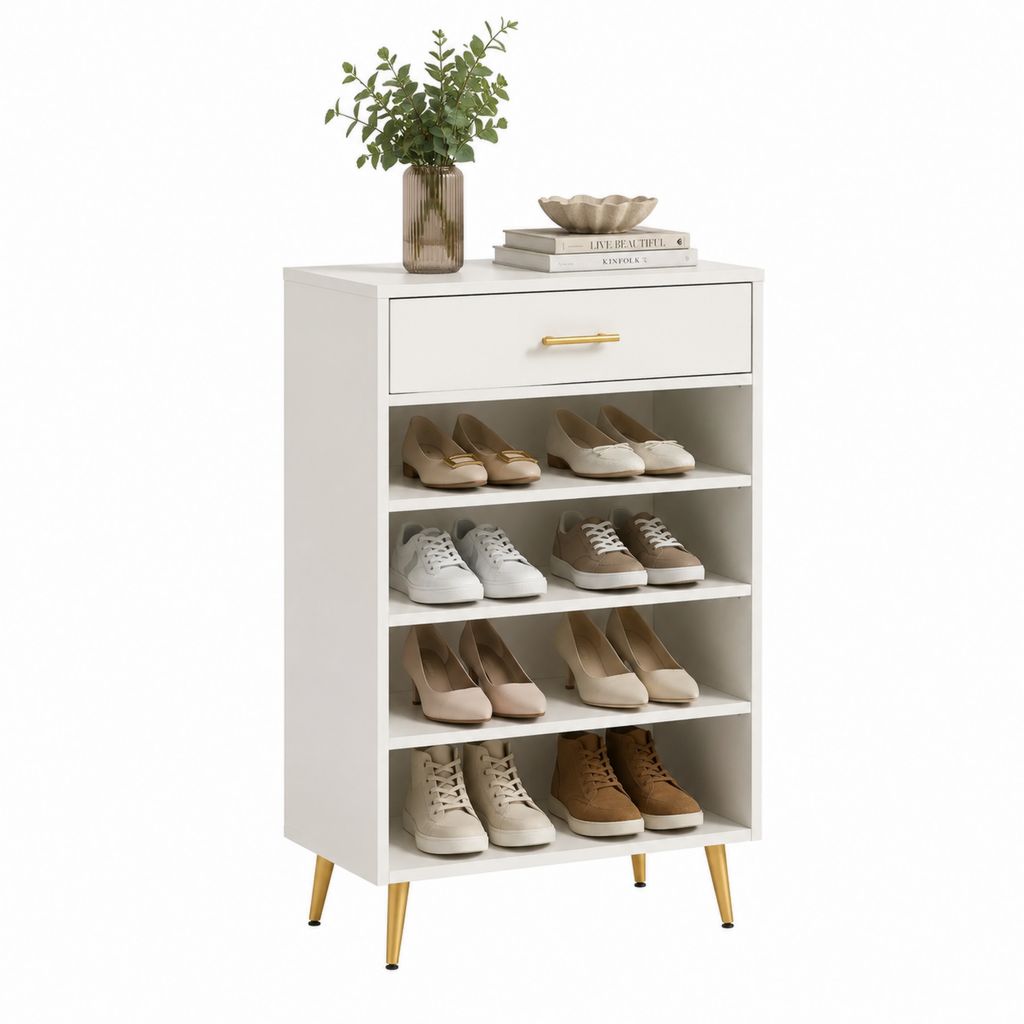 Schuhregal Weiß aus MDF mit Schublade und 4 offenen Fächern 80 x 30 x 120 cm