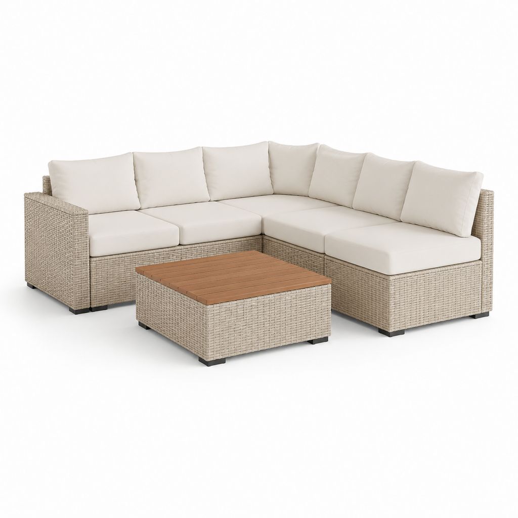 Gartensofa Ecksofa Set Beige PE-Rattan L-Form 220 x 220 cm mit Couchtisch 100 x 60 cm