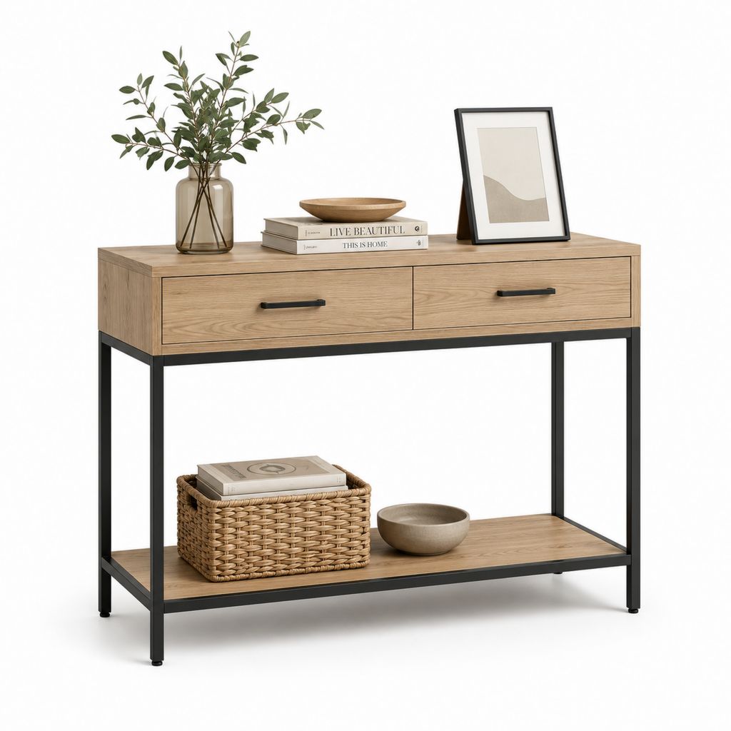 Konsolentisch mit 2 Schubladen Eichenoptik Stahl rechteckig 120 x 40 x 80 cm