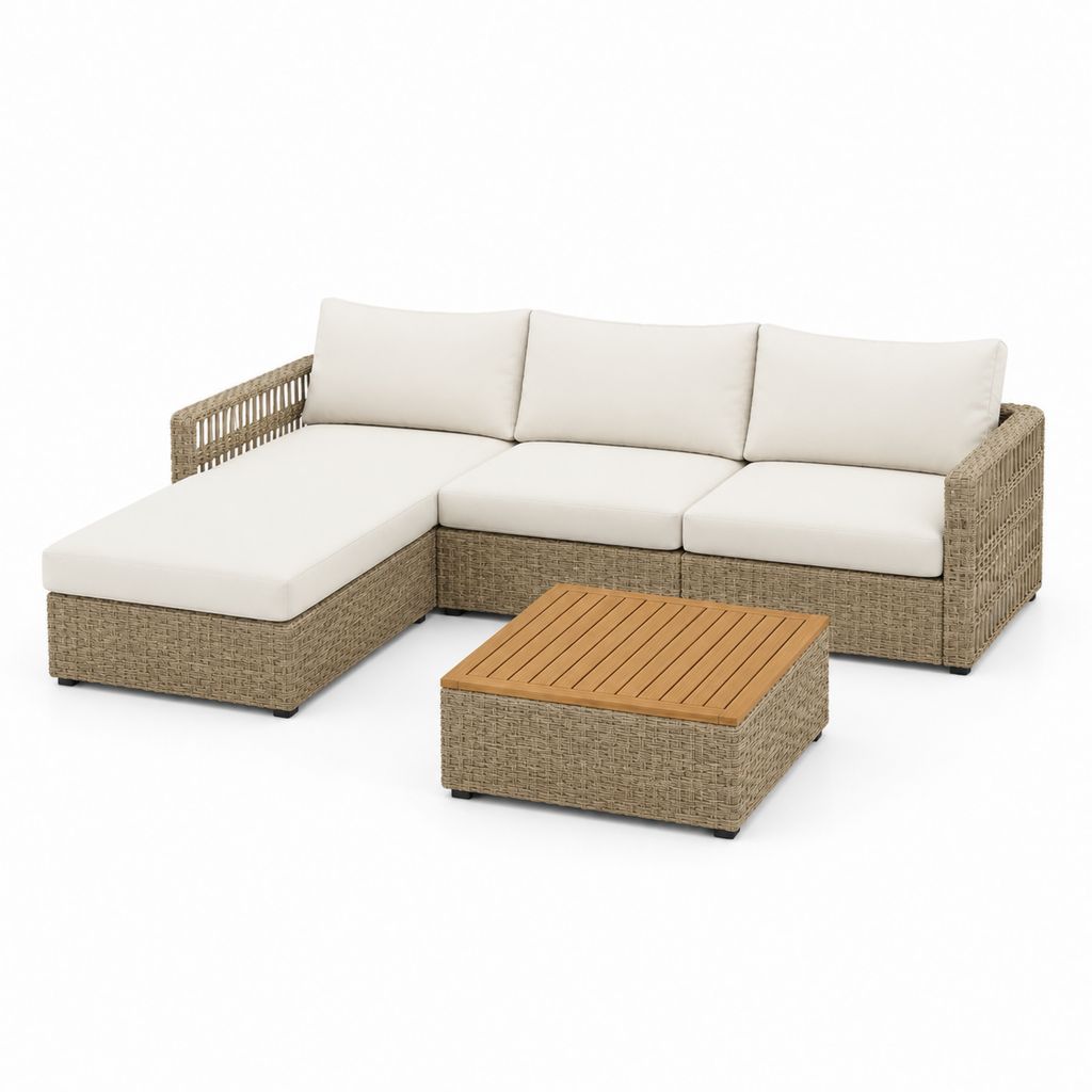 Gartensofa Loungeset L-Form Beige PE-Rattan mit Aluminiumrahmen 235 x 150 x 65 cm und Couchtisch 70 x 70 x 35 cm