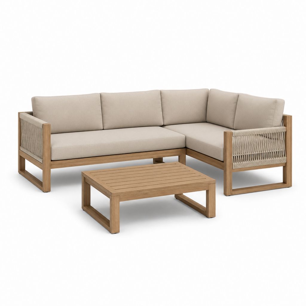Gartenlounge Set Ecksofa mit Couchtisch Beige Akazienholz L-Form 220 x 150 x 70 cm