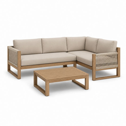Gartenlounge Set Ecksofa mit Couchtisch Beige Akazienholz L-Form 220 x 150 x 70 cm