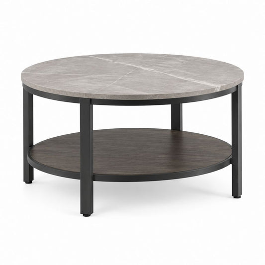 Runder Couchtisch Grau Schwarz mit Sintersteinplatte Stahlgestell und Ablage Ø 80 cm x 45 cm