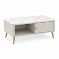 Couchtisch Beige Weiß mit Marmoroptik MDF Rechteckig mit Schiebetür 100 x 60 x 45 cm