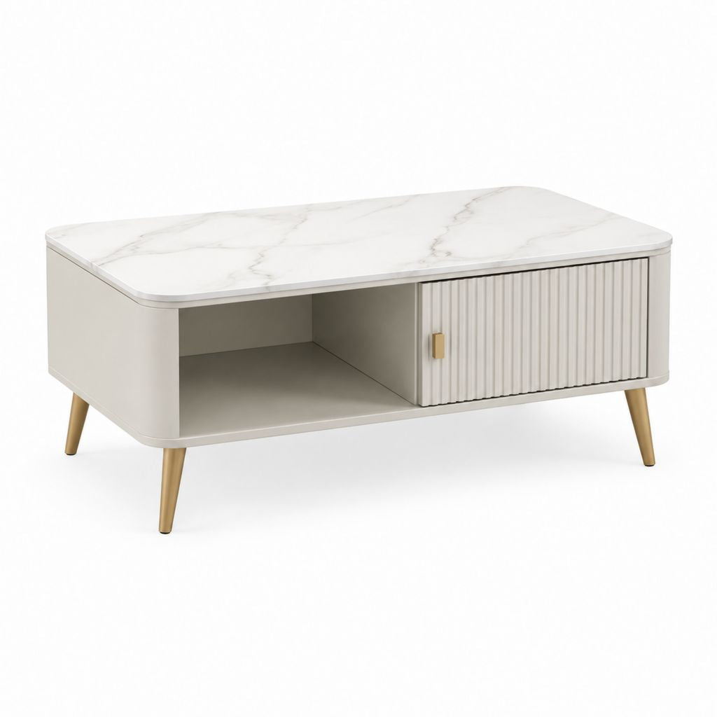 Couchtisch Beige Weiß mit Marmoroptik MDF Rechteckig mit Schiebetür 100 x 60 x 45 cm