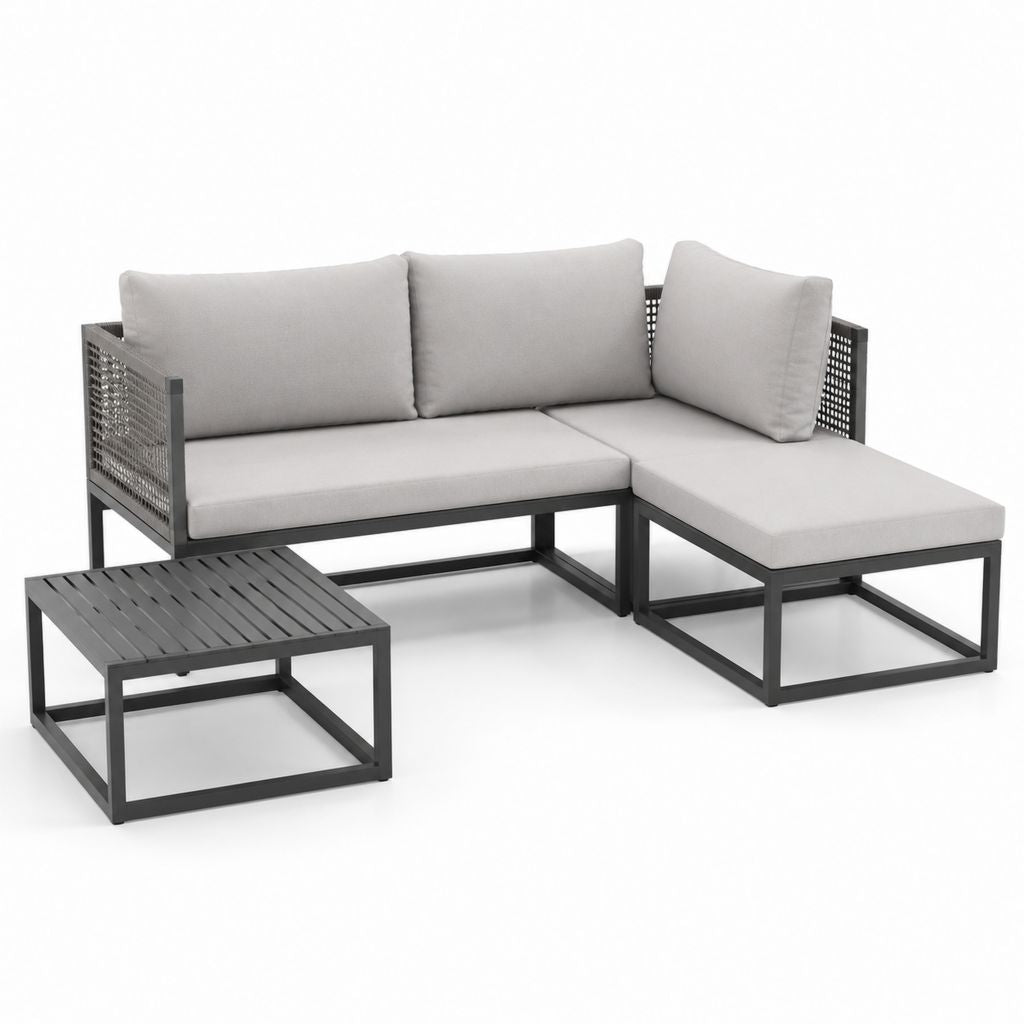 Gartenlounge Set 3-teilig Grau Aluminium L-Form mit Polsterauflagen 198 x 138 x 65 cm