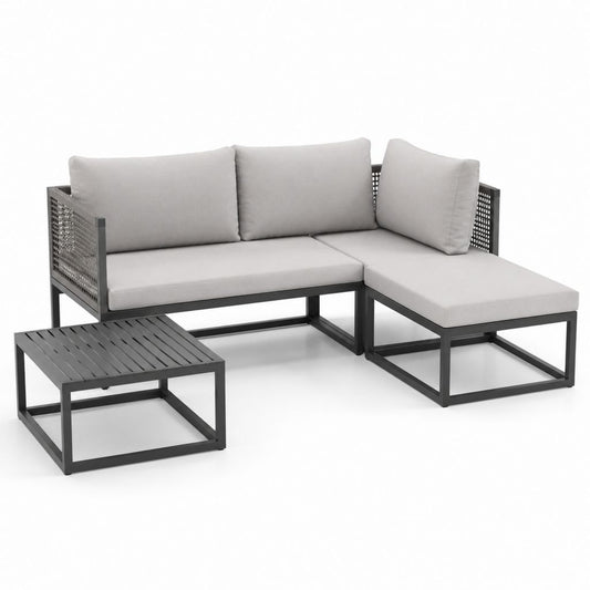 Gartenlounge Set 3-teilig Grau Aluminium L-Form mit Polsterauflagen 198 x 138 x 65 cm