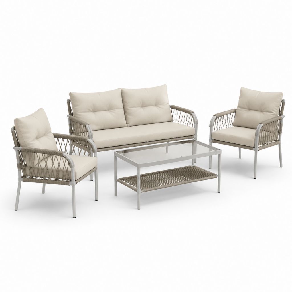 Gartenlounge Set 4-teilig Beige Aluminium Polypropylen-Seilgeflecht mit 2-Sitzer Sofa Sesseln und Glastisch 128 x 72 x 78 cm