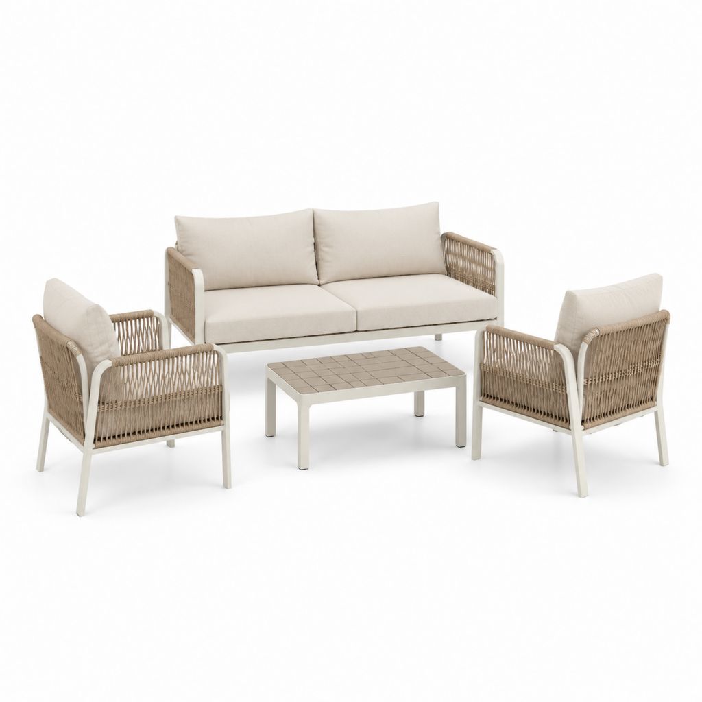 4-teiliges Gartenlounge-Set Beige Aluminium Polyester-Seilgeflecht 2-Sitzer 140 x 75 x 78 cm