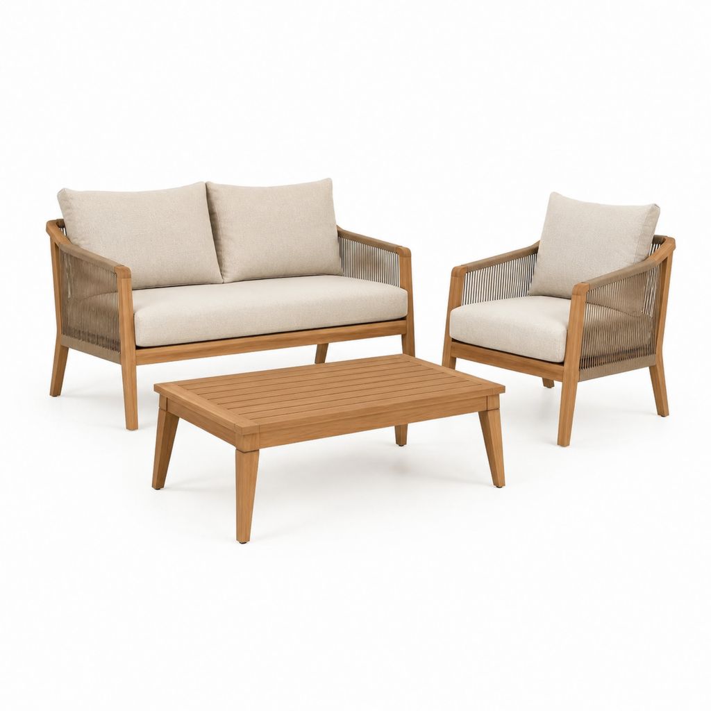 3-teiliges Gartenmöbel-Set mit 2-Sitzer Sofa Sessel und Couchtisch aus Akazienholz Beige