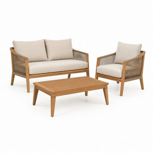 3-teiliges Gartenmöbel-Set mit 2-Sitzer Sofa Sessel und Couchtisch aus Akazienholz Beige