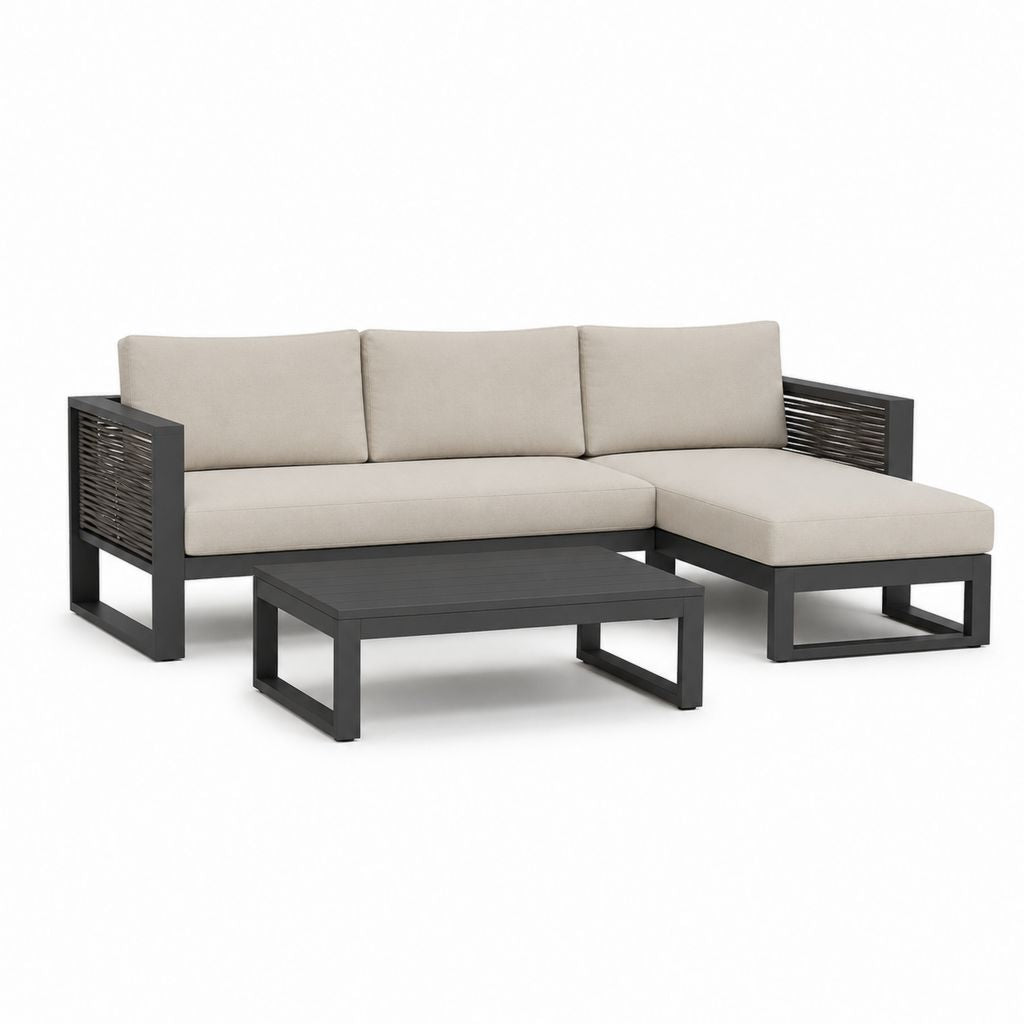 Gartenlounge Set 3-teilig Beige Aluminium Polyrattan L-Form mit Kissen 195 x 135 x 75 cm