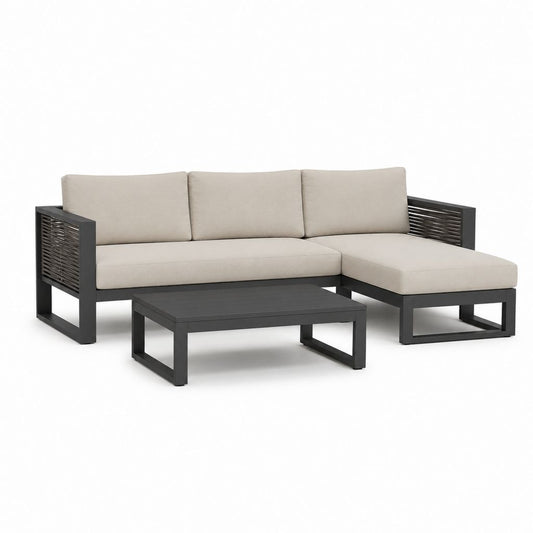 Gartenlounge Set 3-teilig Beige Aluminium Polyrattan L-Form mit Kissen 195 x 135 x 75 cm