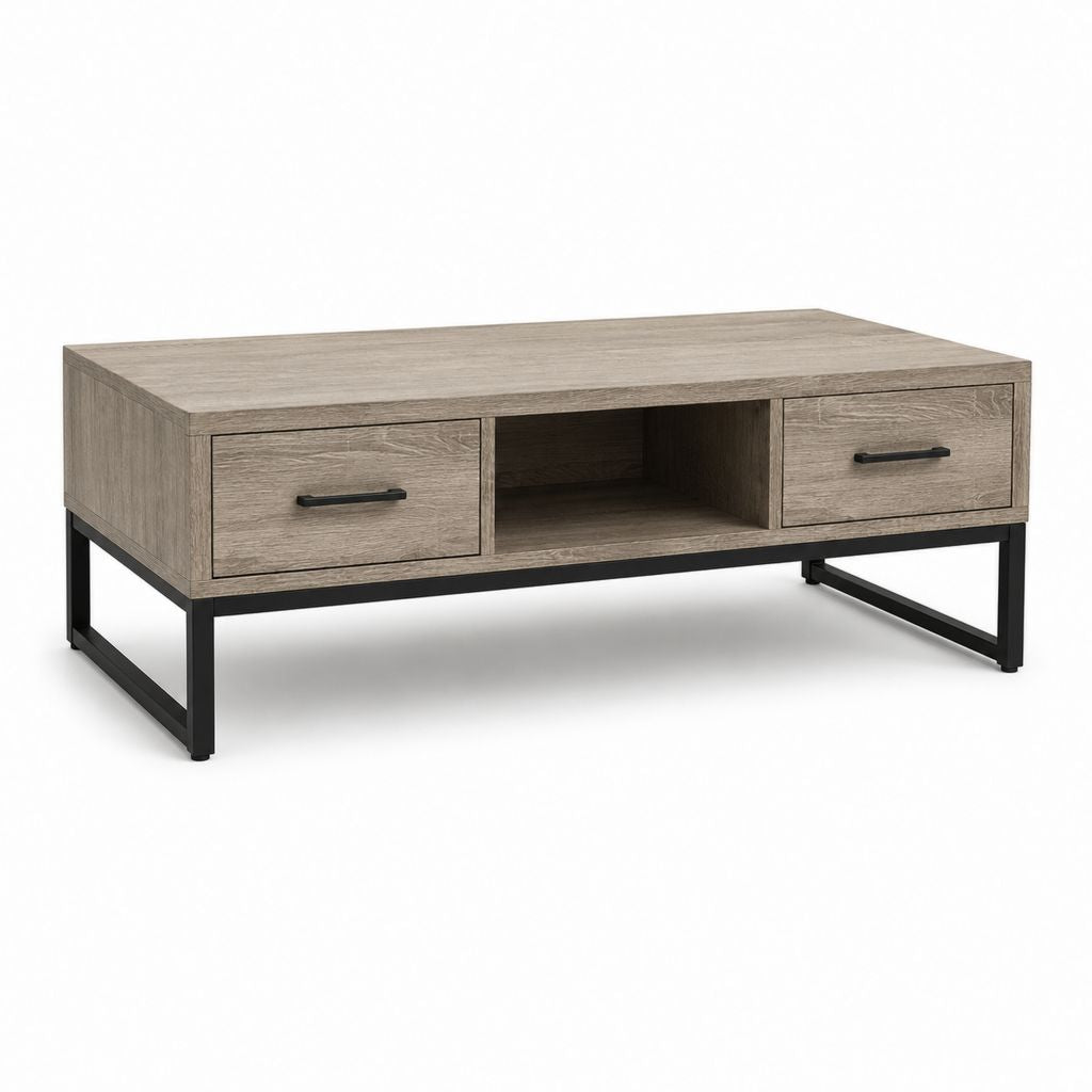 Couchtisch mit 2 Schubladen und offenem Fach Grau Eichenoptik Spanplatte Rechteckig 110 x 60 x 45 cm